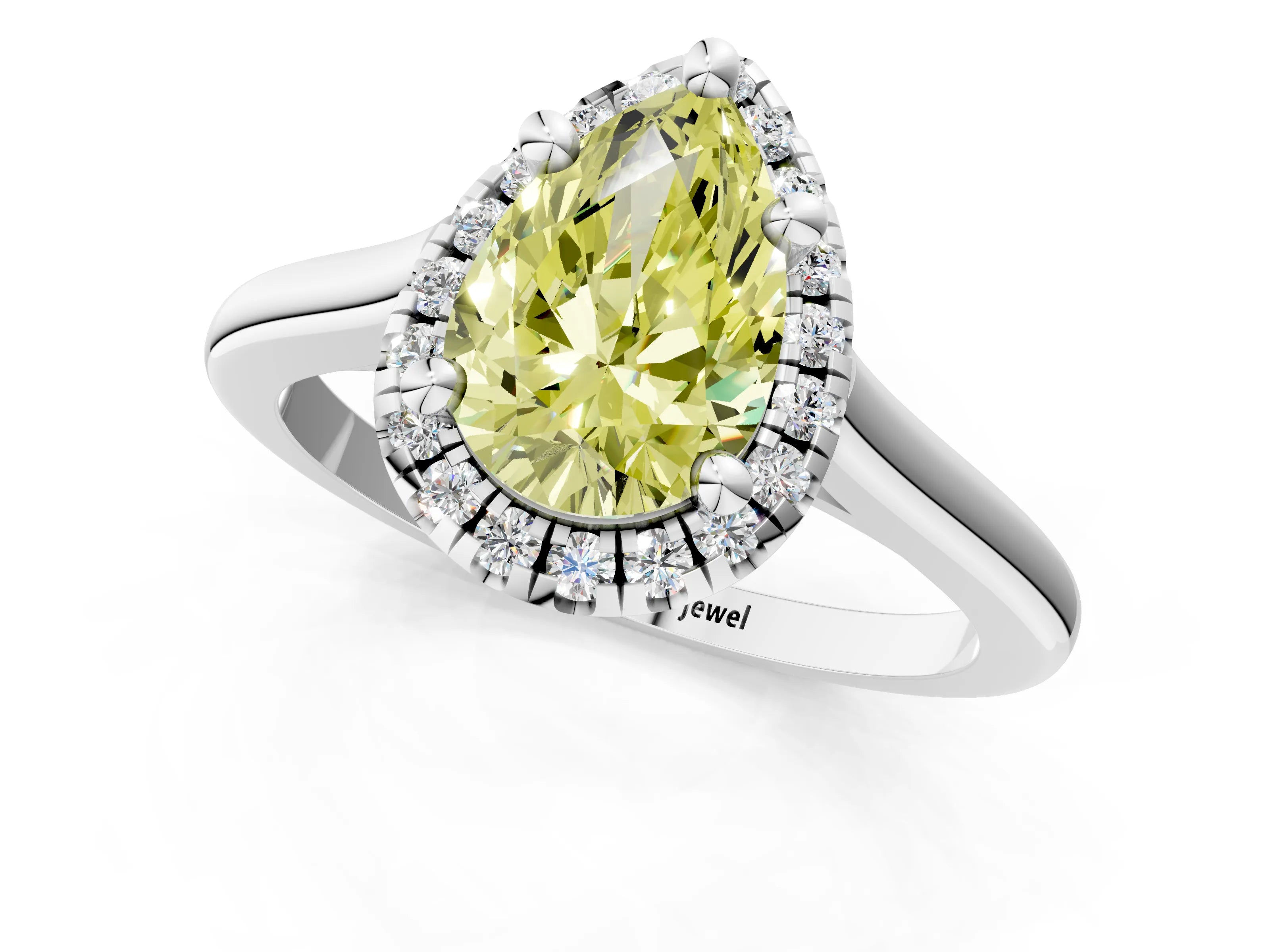 White gold Fancy Yellow Pear Cut Halo Round Diamond Solitaire Engagement Ring with Pave Band and Four-Prong Setting_25