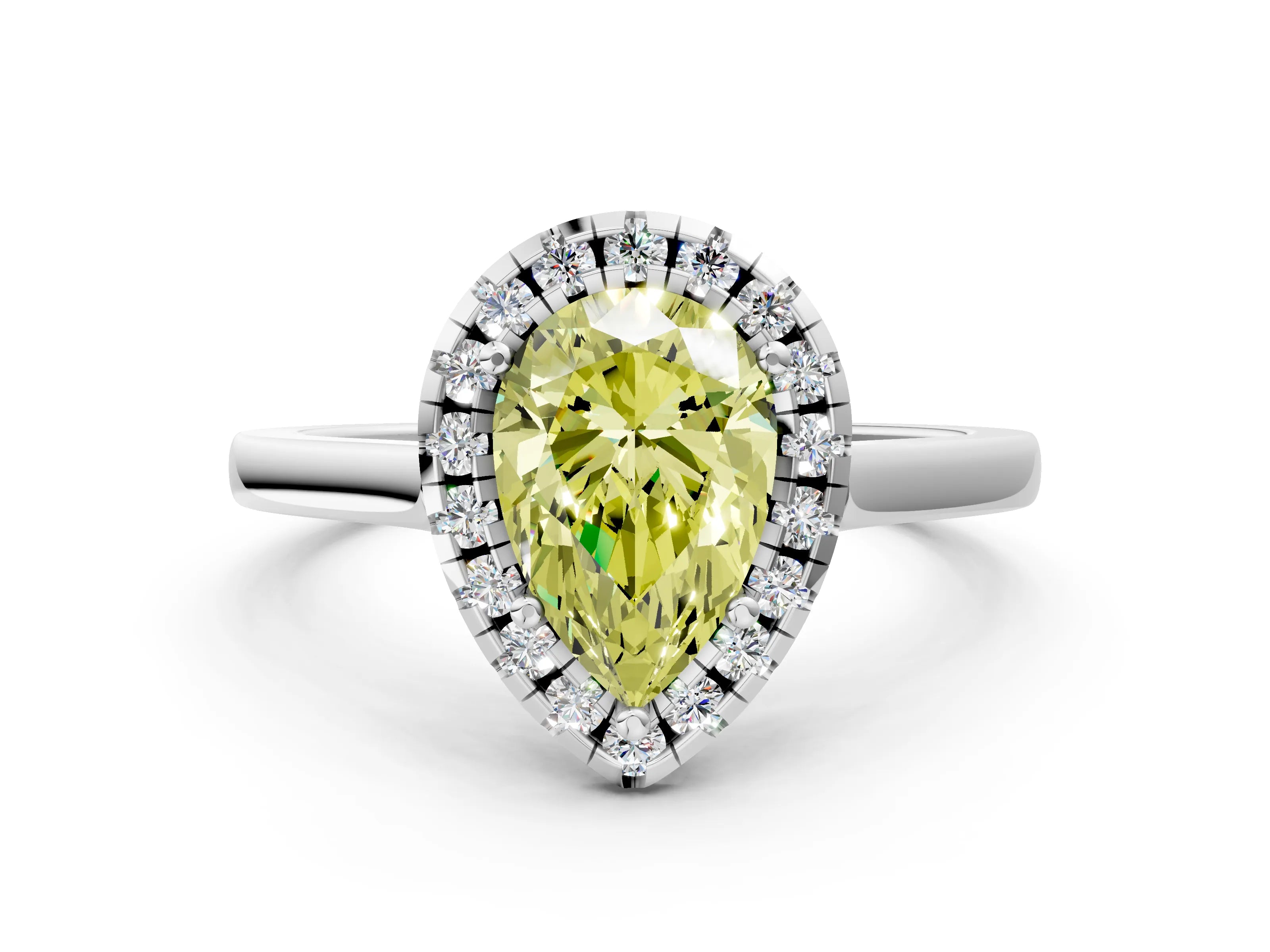 White gold Fancy Yellow Pear Cut Halo Round Diamond Solitaire Ring with Pavé Band and Four-Prong Setting_12