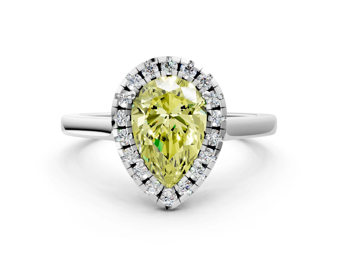 White gold Fancy Yellow Pear Cut Halo Round Diamond Solitaire Ring with Pavé Band and Four-Prong Setting_12