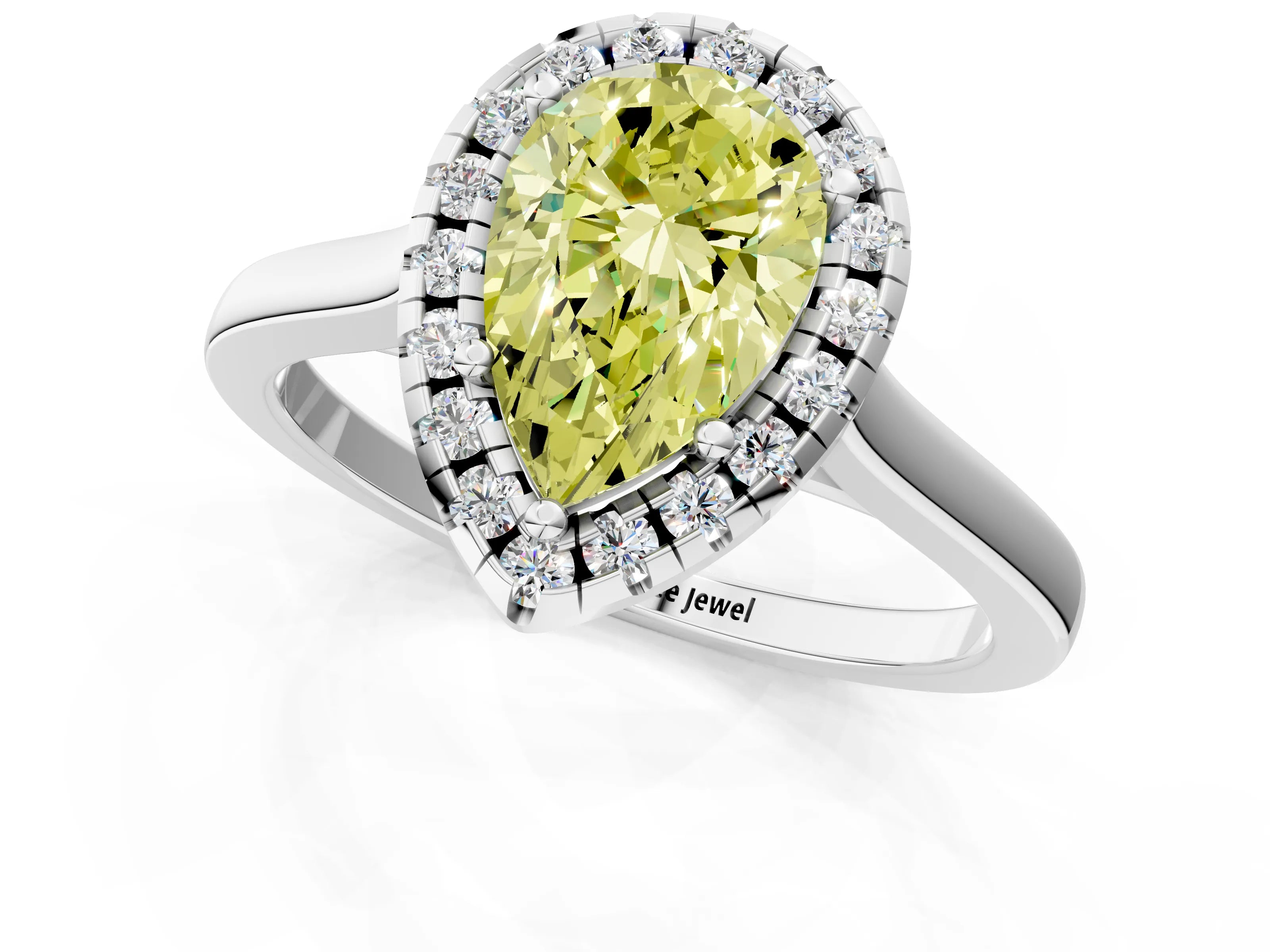 White gold Fancy Yellow Pear Cut Halo Round Diamond Solitaire Ring with Pavé Band and Four-Prong Setting_13