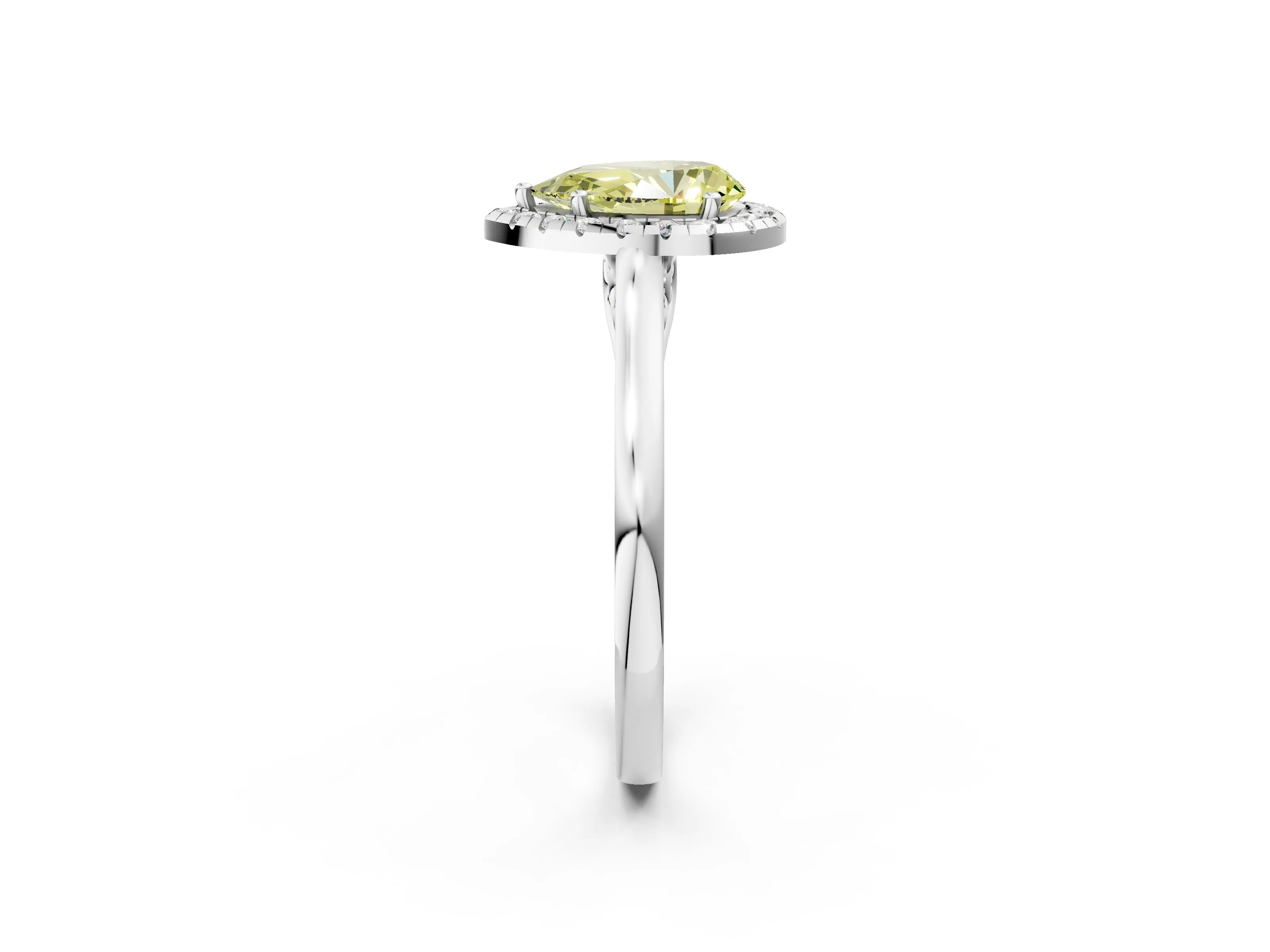 White gold Fancy Yellow Pear Cut Halo Round Diamond Solitaire Ring with Pavé Band and Four-Prong Setting_14