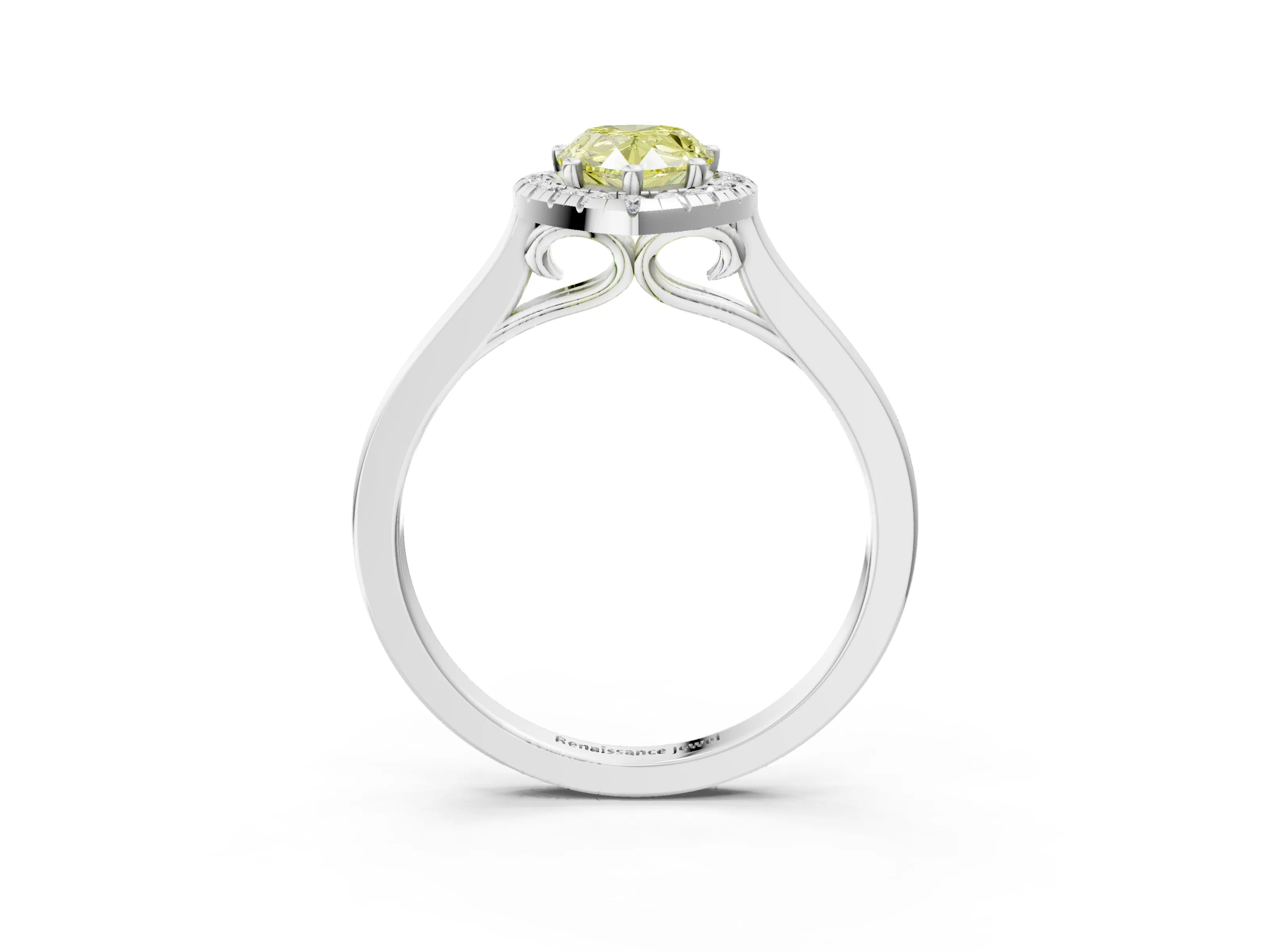 White gold Fancy Yellow Pear Cut Halo Round Diamond Solitaire Ring with Pavé Band and Four-Prong Setting_15
