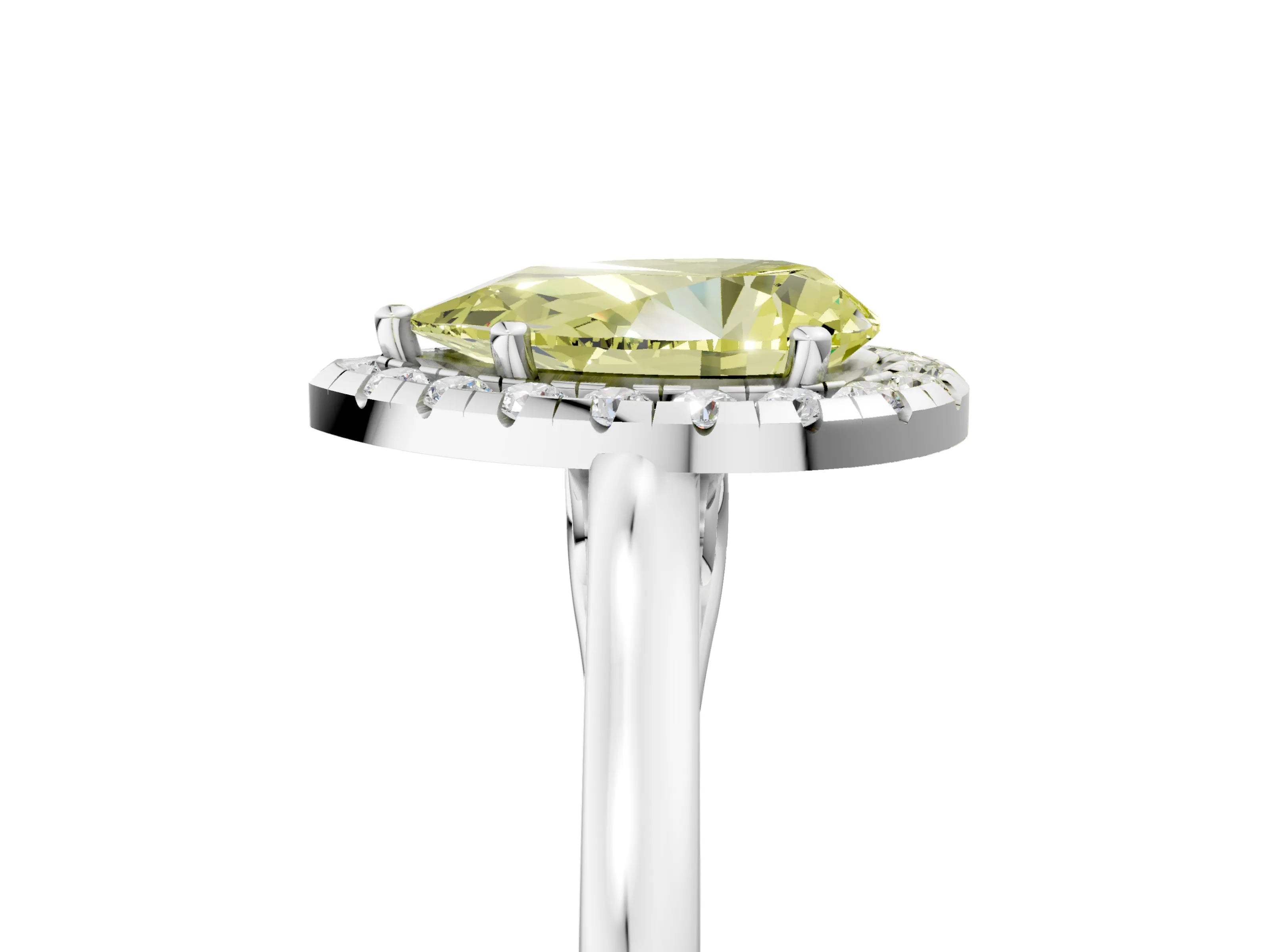 White gold Fancy Yellow Pear Cut Halo Round Diamond Solitaire Ring with Pavé Band and Four-Prong Setting_17