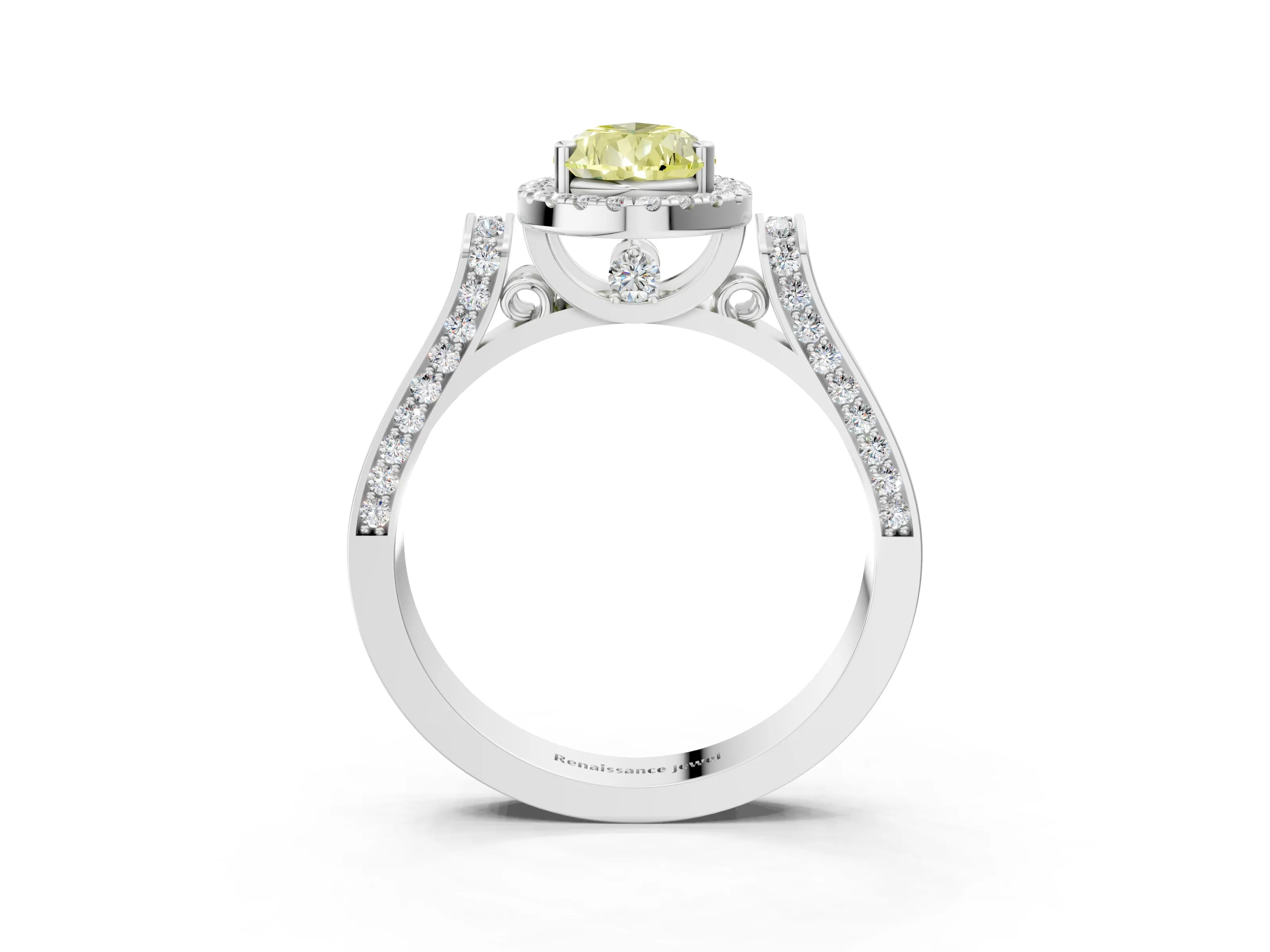 White gold Fancy Yellow Pear Cut Halo Round Diamond Twist Band with Four-Prong Setting_15