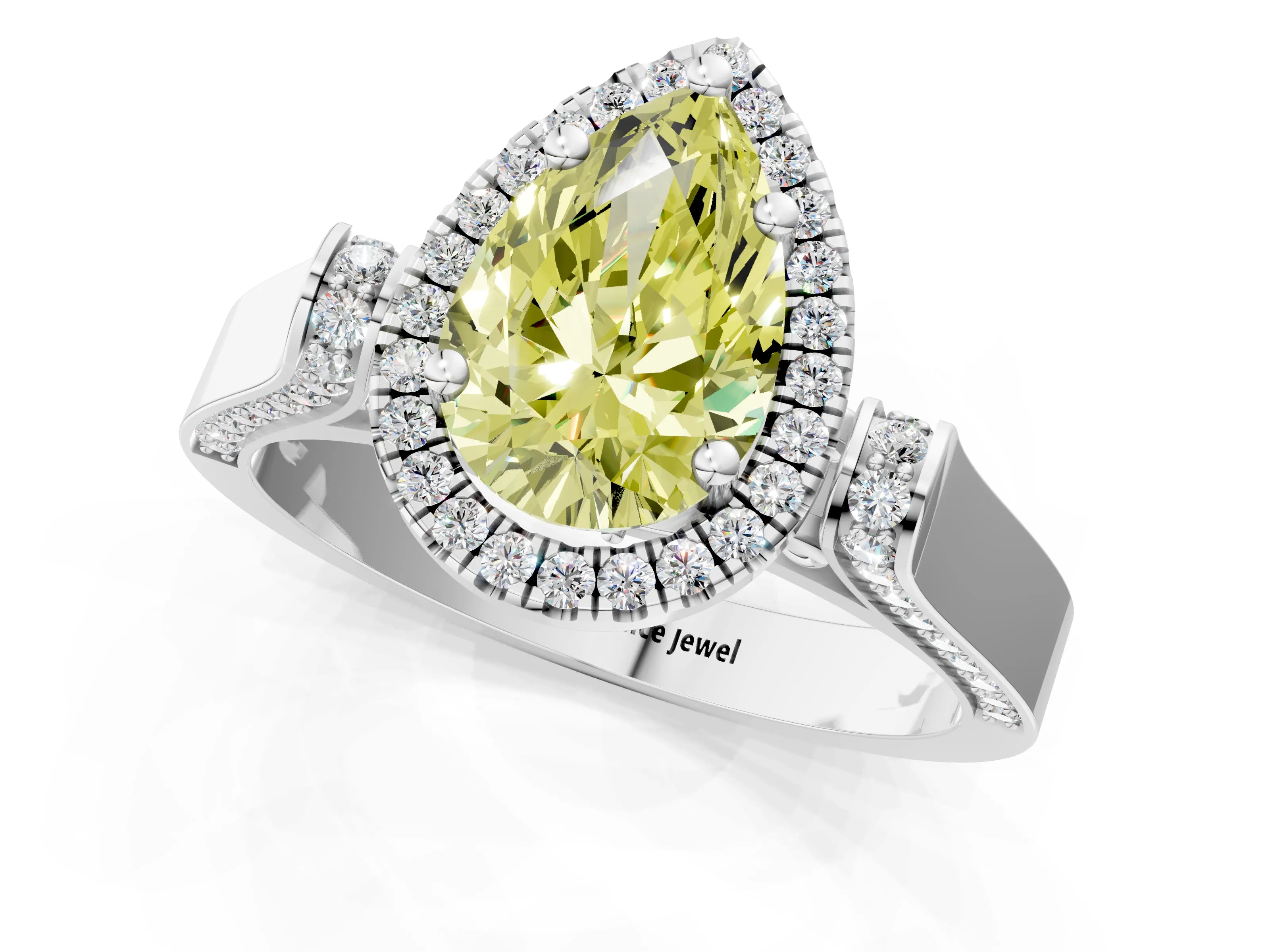 White gold Fancy Yellow Pear Cut Halo Round Diamond Twist Band with Four-Prong Setting_1