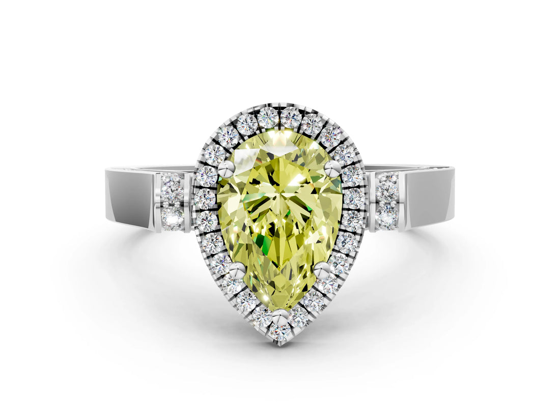 White gold Fancy Yellow Pear Cut Halo Round Diamond Twist Band with Four-Prong Setting_24