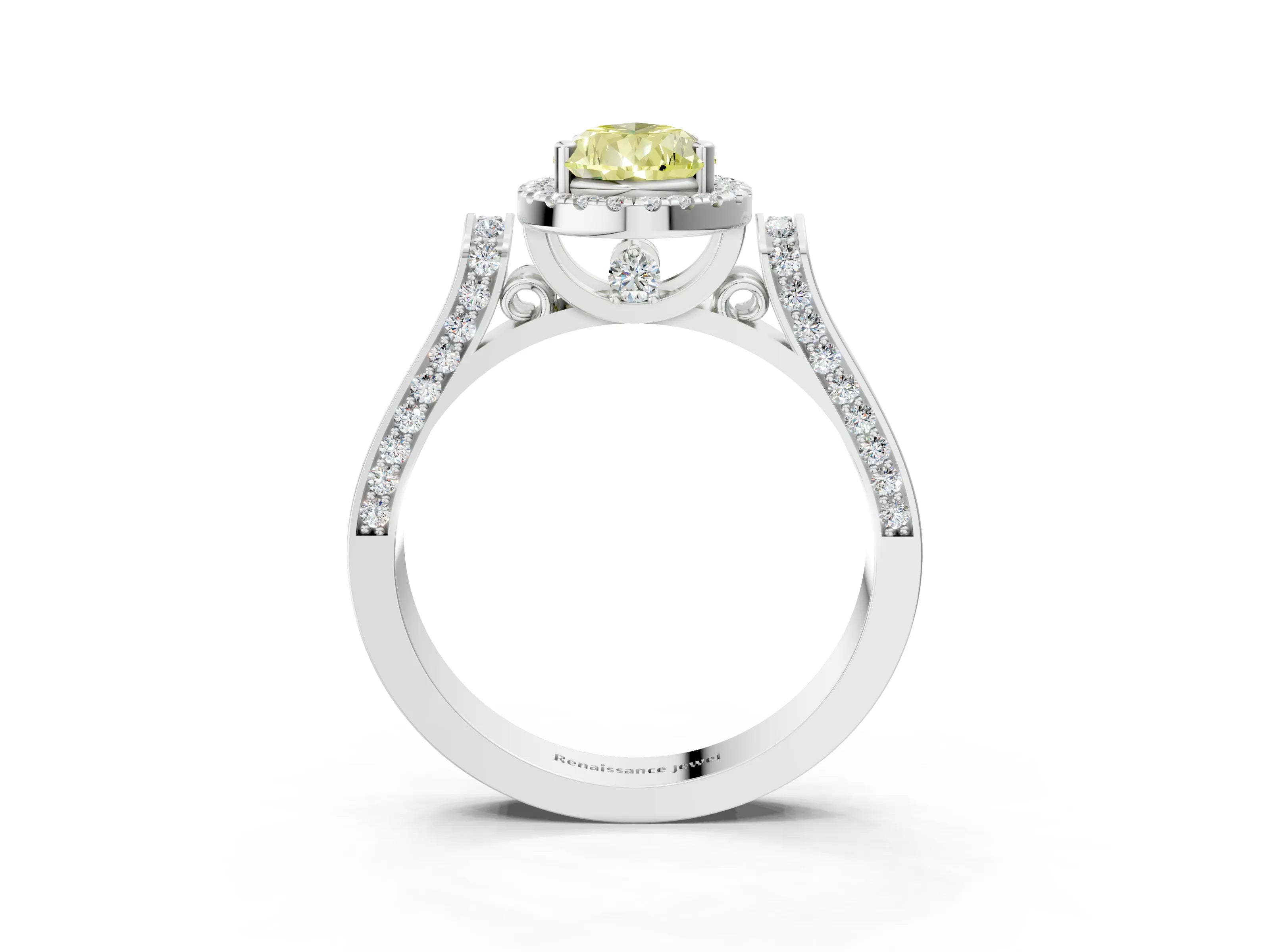 White gold Fancy Yellow Pear Cut Halo Round Diamond Twist Band with Four-Prong Setting_3