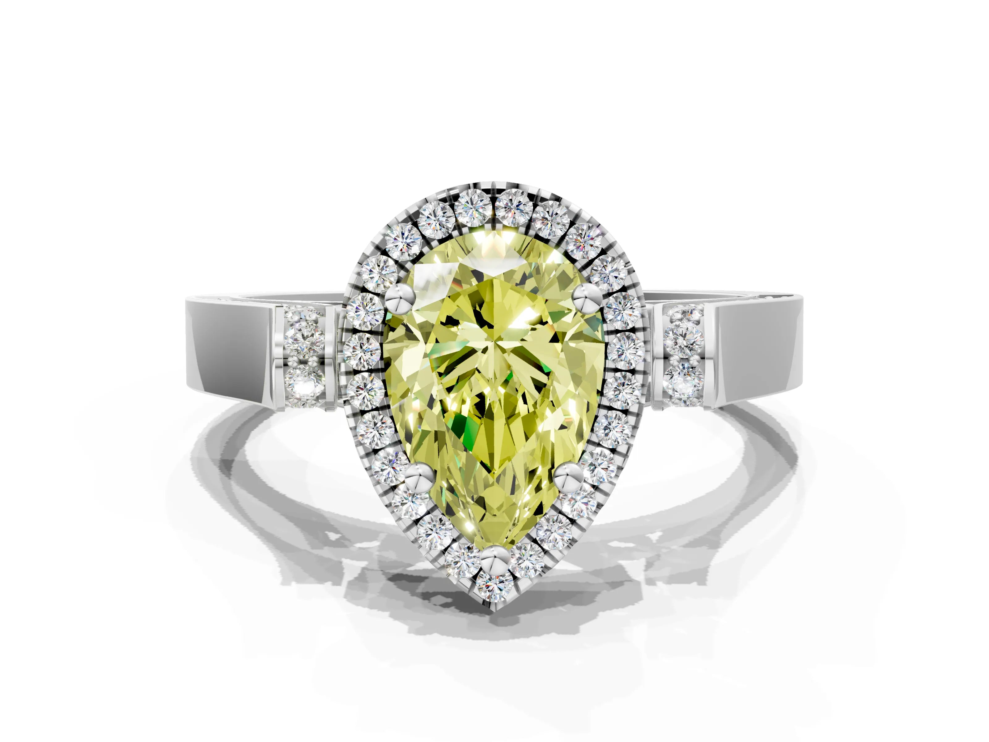 White gold Fancy Yellow Pear Cut Halo Round Diamond Twist Band with Four-Prong Setting