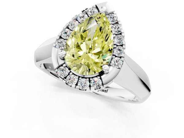 White gold Fancy Yellow Pear  Cut Halo Solitaire Engagement Ring with Square Band and Four-Prong Setting