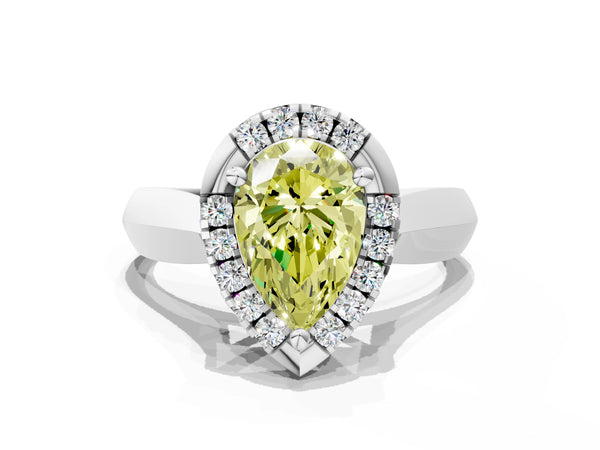 White gold Fancy Yellow Pear  Cut Halo Solitaire Engagement Ring with Square Band and Four-Prong Setting