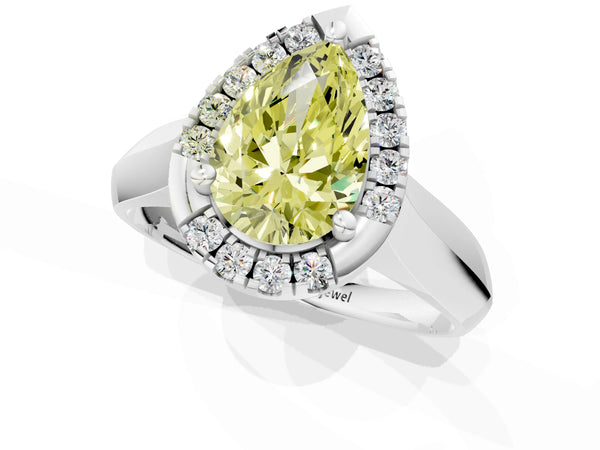 White gold Fancy Yellow Pear  Cut Halo Solitaire Engagement Ring with Square Band and Four-Prong Setting