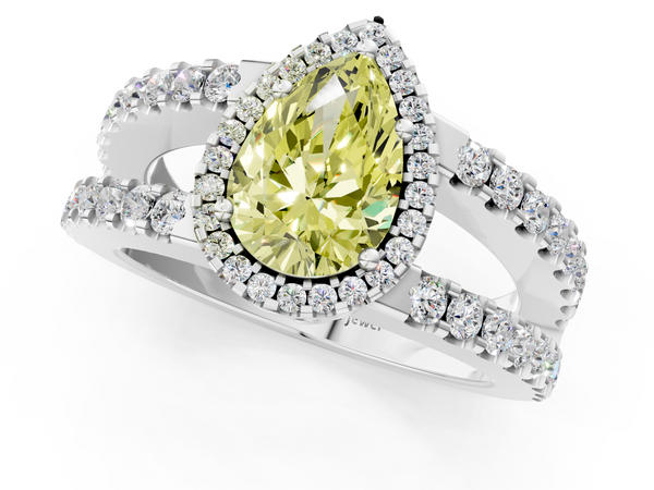 White gold Fancy Yellow Pear  Cut Halo Split Shank Diamond Ring with Four-Prong Setting