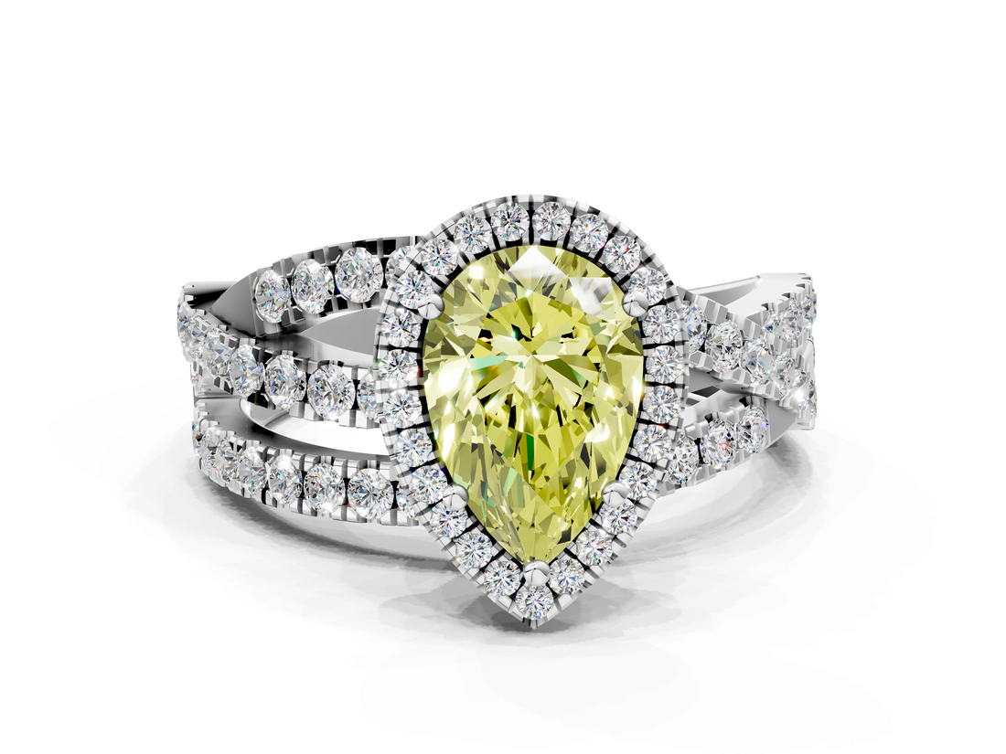 White gold Fancy Yellow Pear  Cut Halo Split Shank Prong Setting Ring_58