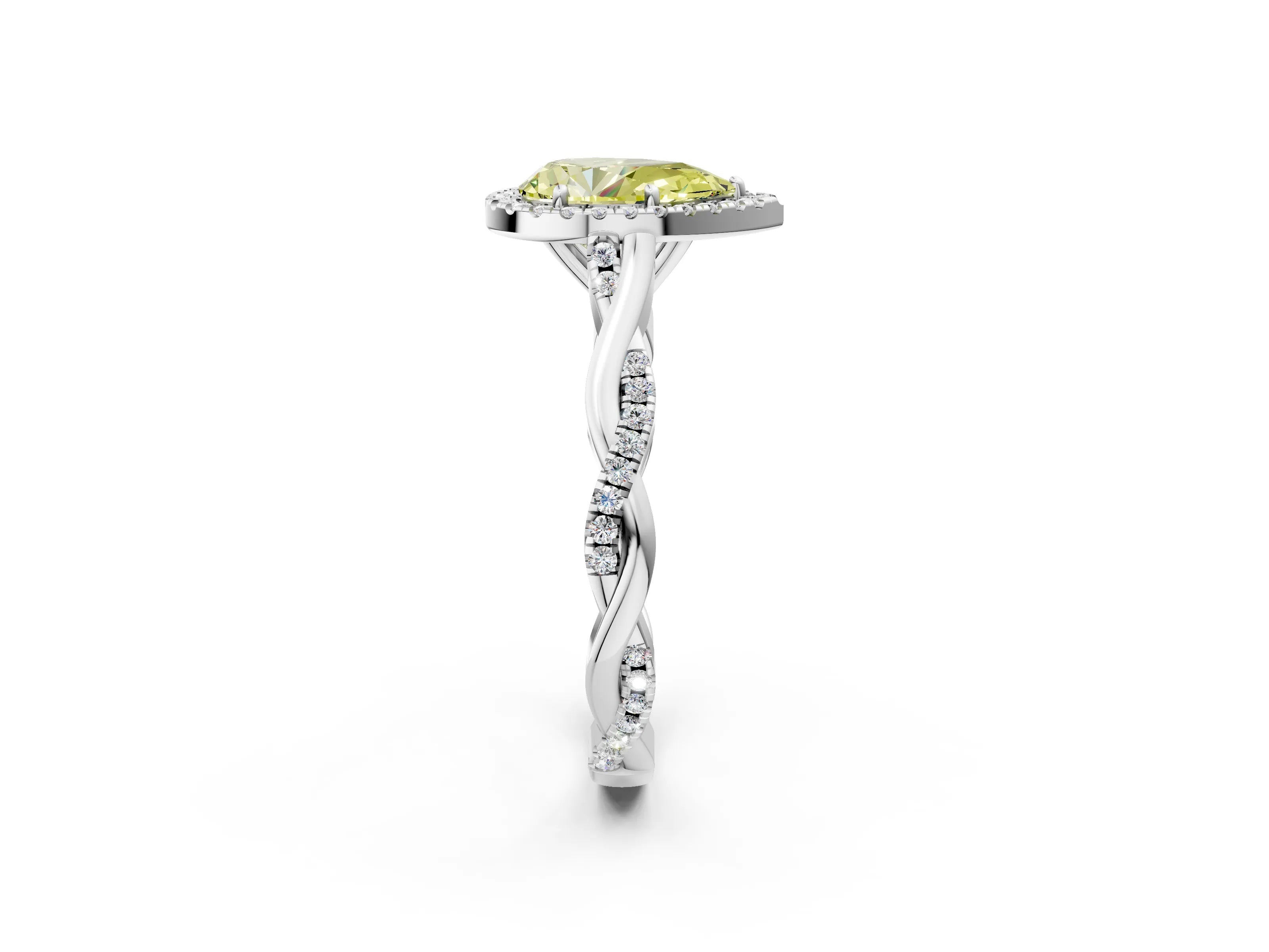 White gold Fancy Yellow Pear Cut Halo Twist Band with Four-Prong Setting_86