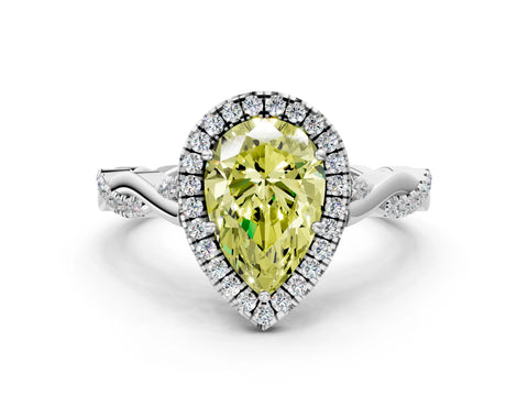 White gold Fancy Yellow Pear Cut Halo Twist Band with Four-Prong Setting