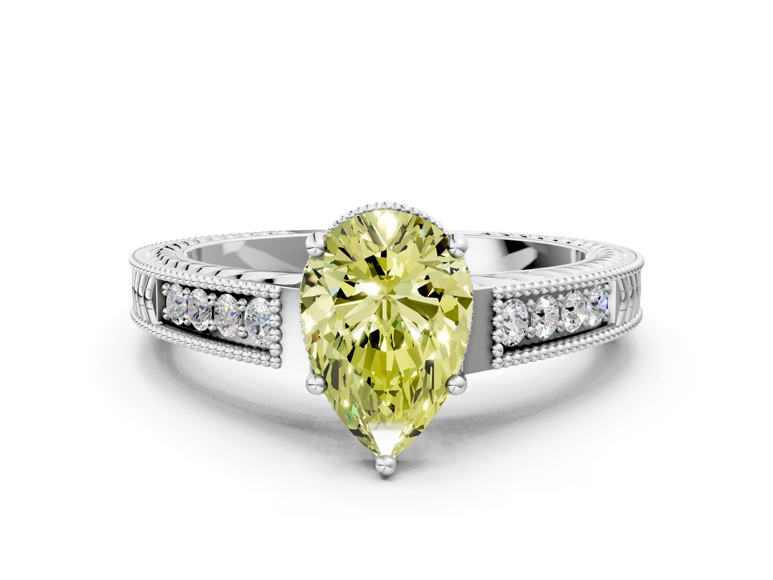 White gold Fancy Yellow Pear  Cut Milgrain Channel Set Engagement Ring with Solitaire Prong Setting_85