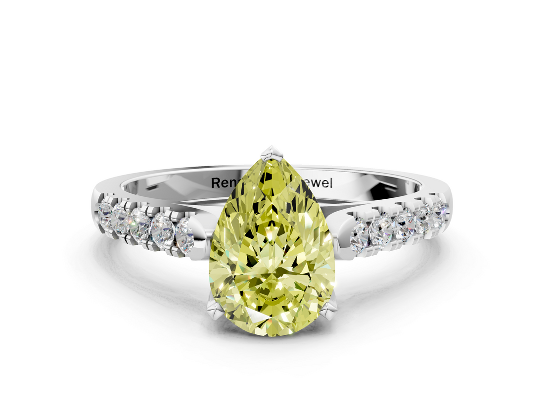 White gold Fancy Yellow Pear  Cut Pavé Band Solitaire Ring with Four-Prong Setting_57