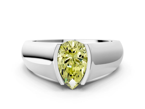 White gold Fancy Yellow Pear Cut Solitaire Bezel Set Diamond Ring with Wide Band