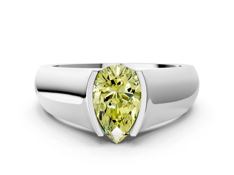 White gold Fancy Yellow Pear Cut Solitaire Bezel Set Diamond Ring with Wide Band_12