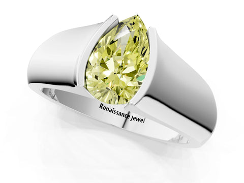 White gold Fancy Yellow Pear Cut Solitaire Bezel Set Diamond Ring with Wide Band_13