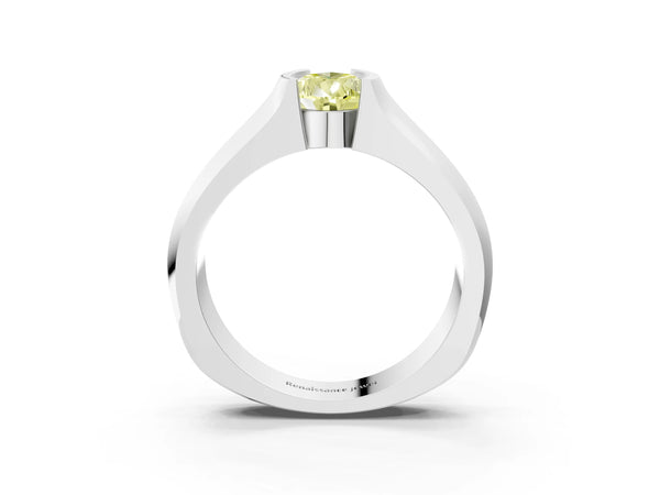 White gold Fancy Yellow Pear Cut Solitaire Bezel Set Diamond Ring with Wide Band