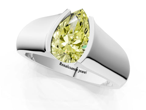 White gold Fancy Yellow Pear Cut Solitaire Bezel Set Diamond Ring with Wide Band_1