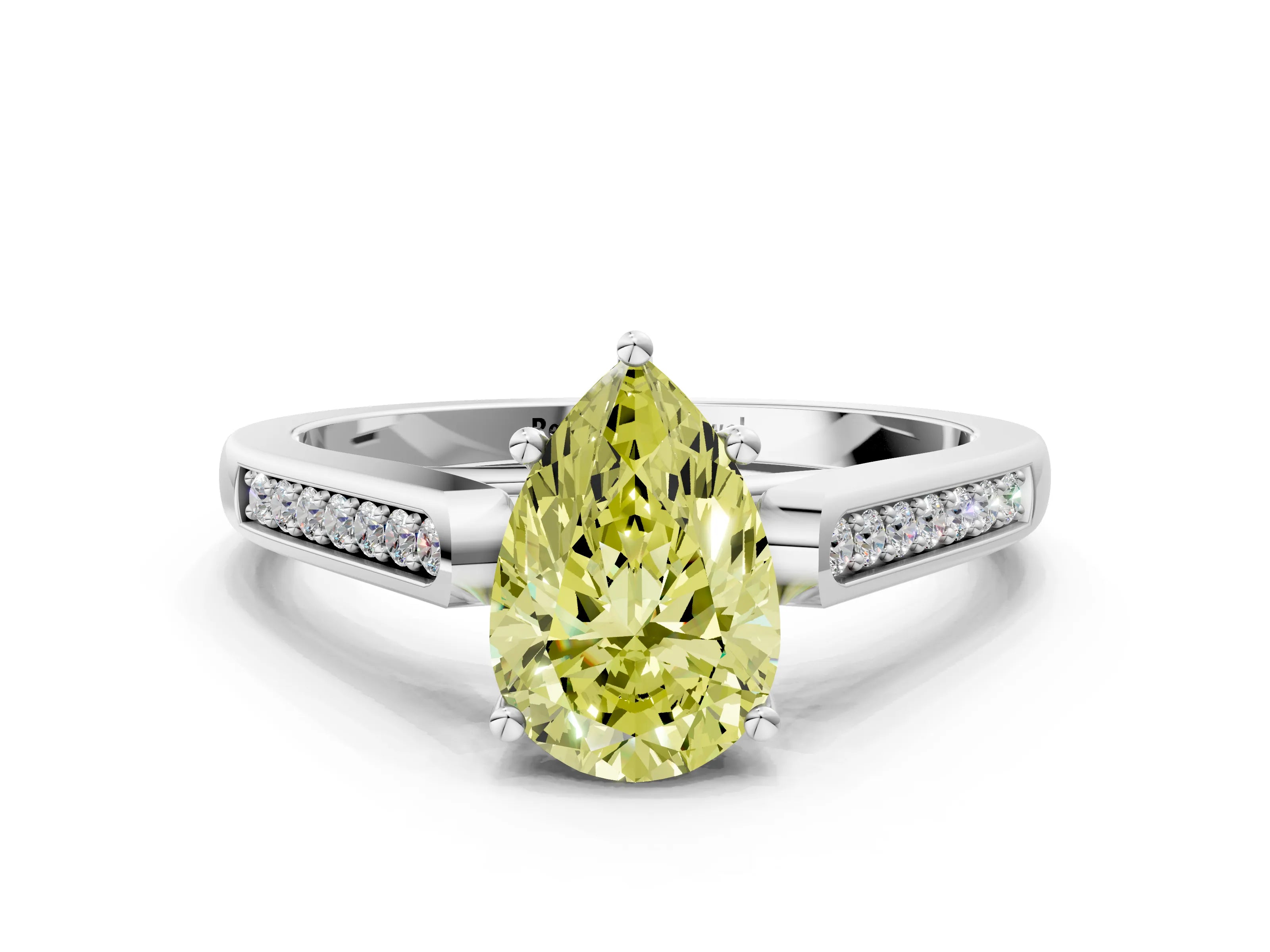 White gold Fancy Yellow Pear Cut Solitaire Cathedral Diamond Engagement Ring with Channel-Set Band and Four-Prong Setting_15