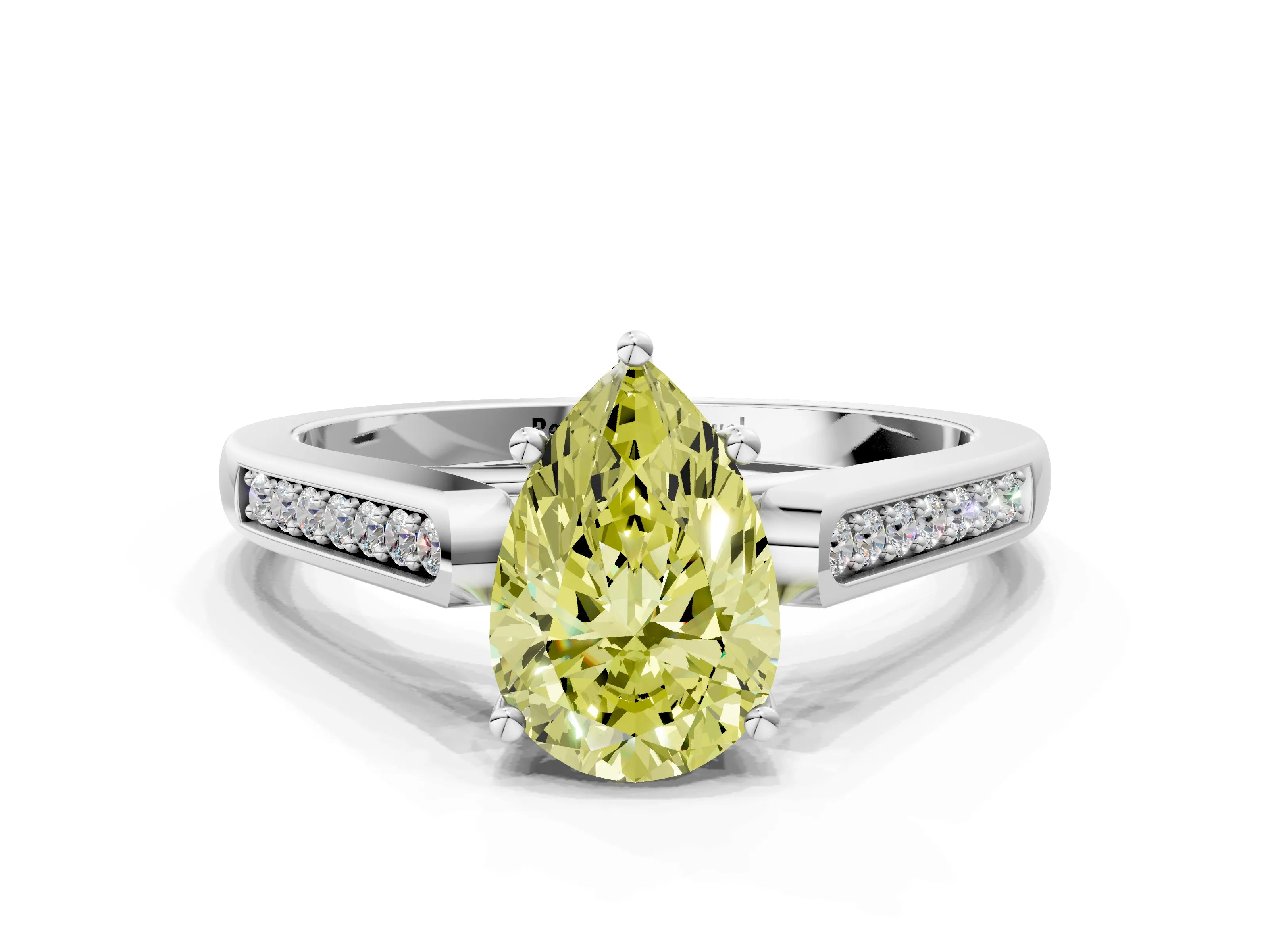 White gold Fancy Yellow Pear Cut Solitaire Cathedral Diamond Engagement Ring with Channel-Set Band and Four-Prong Setting_3
