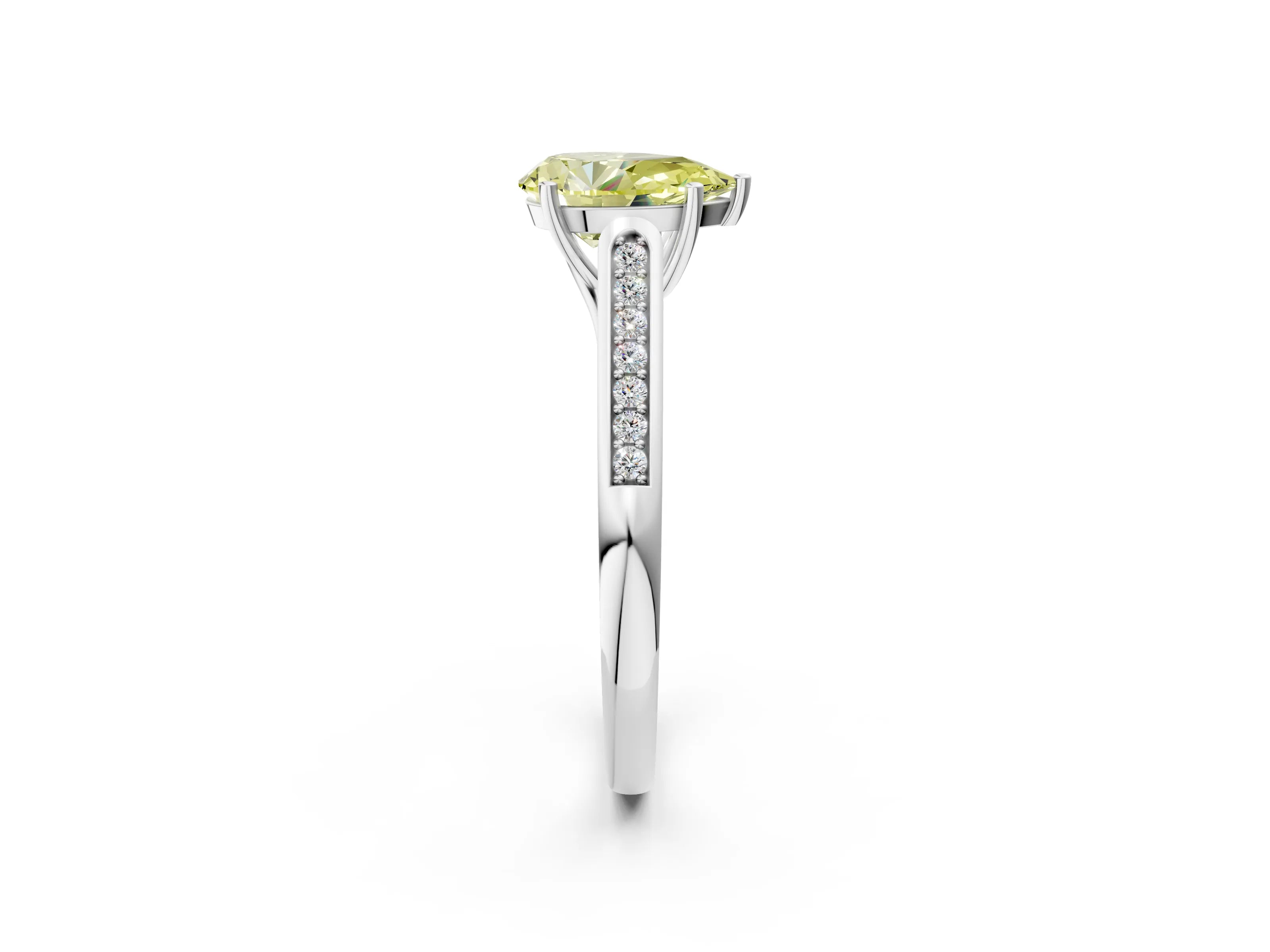 White gold Fancy Yellow Pear Cut Solitaire Cathedral Diamond Engagement Ring with Channel-Set Band and Four-Prong Setting_5