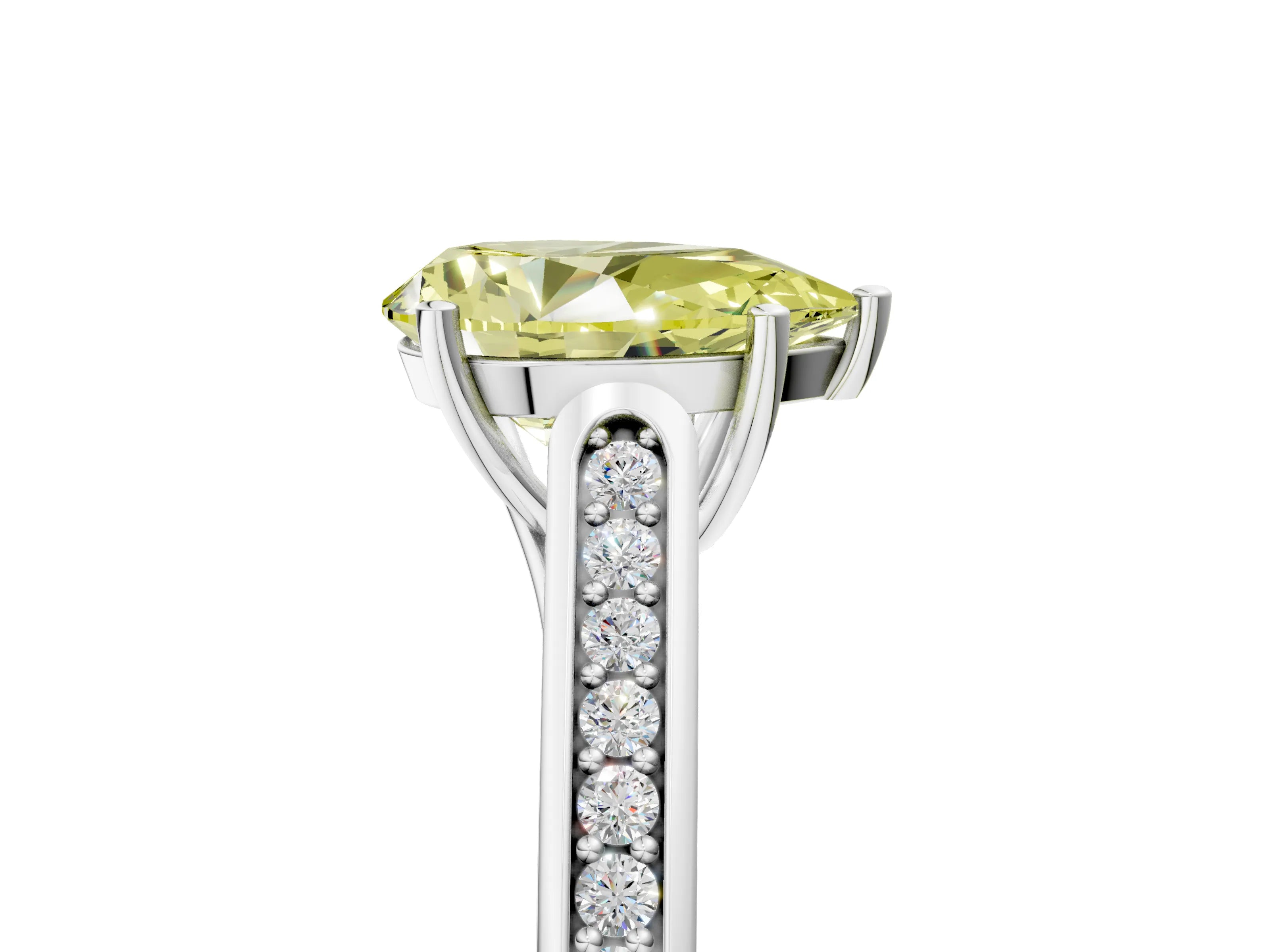 White gold Fancy Yellow Pear Cut Solitaire Cathedral Diamond Engagement Ring with Channel-Set Band and Four-Prong Setting_8