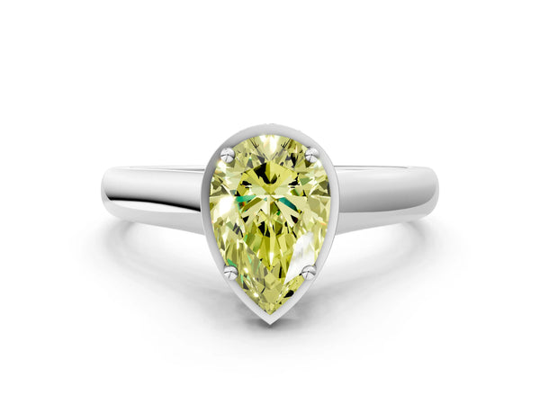 White gold Fancy Yellow Pear Cut Solitaire Diamond Engagement Ring with Four-Prong Setting and Tapered Band