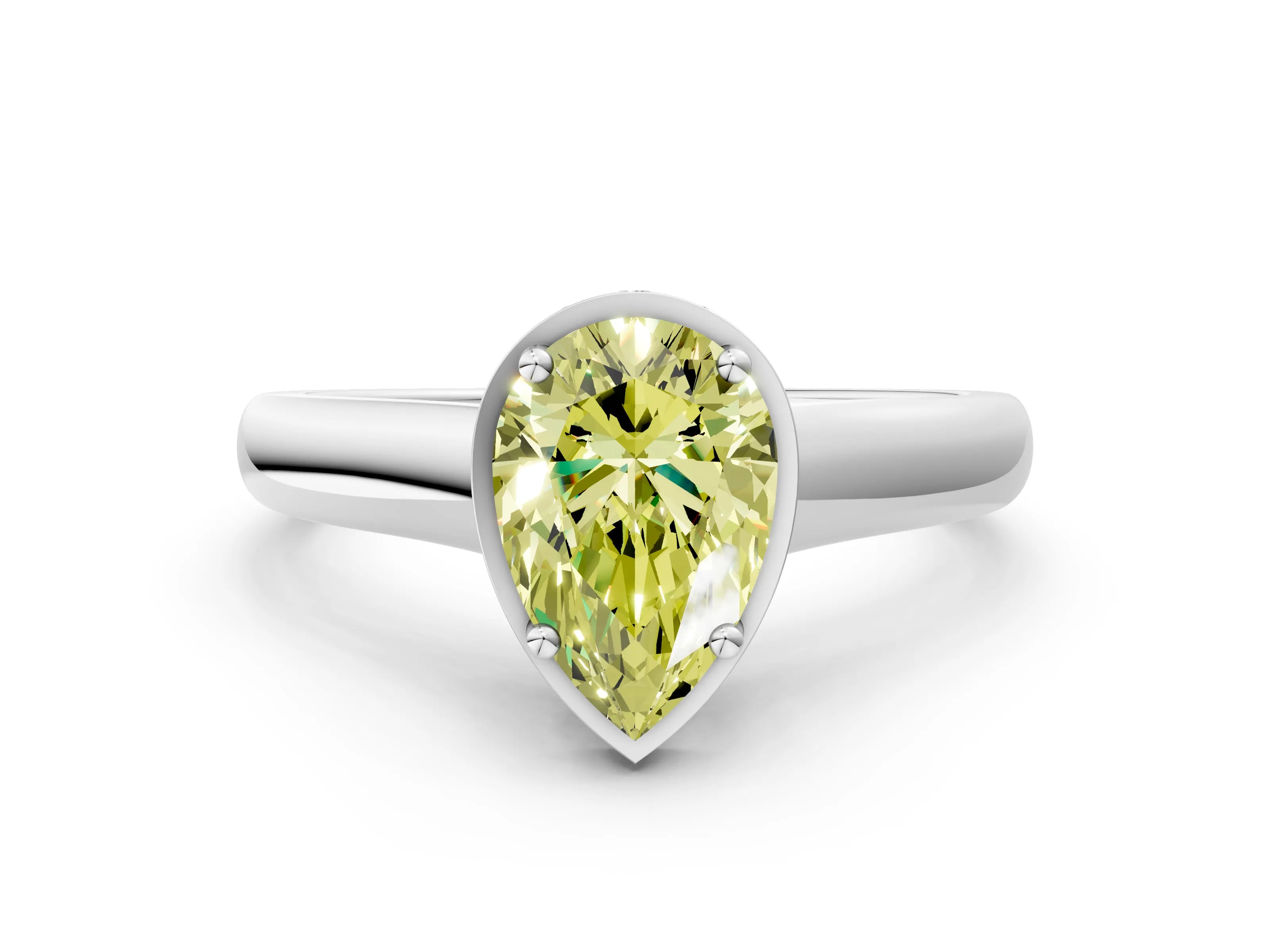 White gold Fancy Yellow Pear Cut Solitaire Diamond Engagement Ring with Four-Prong Setting and Tapered Band