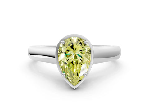 White gold Fancy Yellow Pear Cut Solitaire Diamond Engagement Ring with Four-Prong Setting and Tapered Band