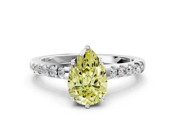White gold Fancy Yellow Pear Cut Solitaire Diamond Engagement Ring with Pavé Band and Six-Prong Setting