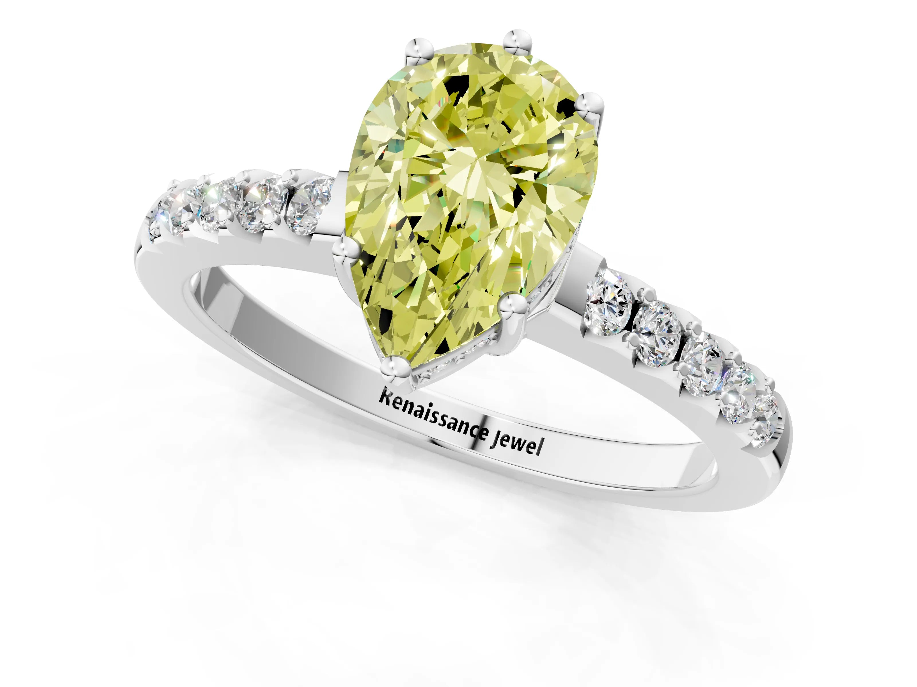 White gold Fancy Yellow Pear Cut Solitaire Diamond Engagement Ring with Pavé Band and Six-Prong Setting_13