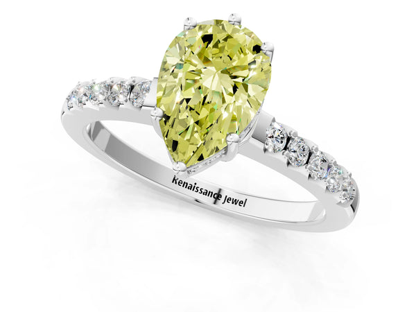 White gold Fancy Yellow Pear Cut Solitaire Diamond Engagement Ring with Pavé Band and Six-Prong Setting