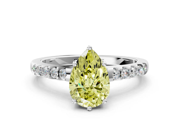 White gold Fancy Yellow Pear Cut Solitaire Diamond Engagement Ring with Pavé Band and Six-Prong Setting