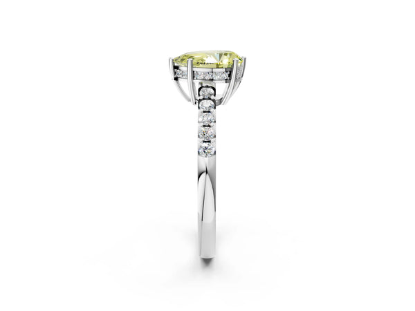 White gold Fancy Yellow Pear Cut Solitaire Diamond Engagement Ring with Pavé Band and Six-Prong Setting