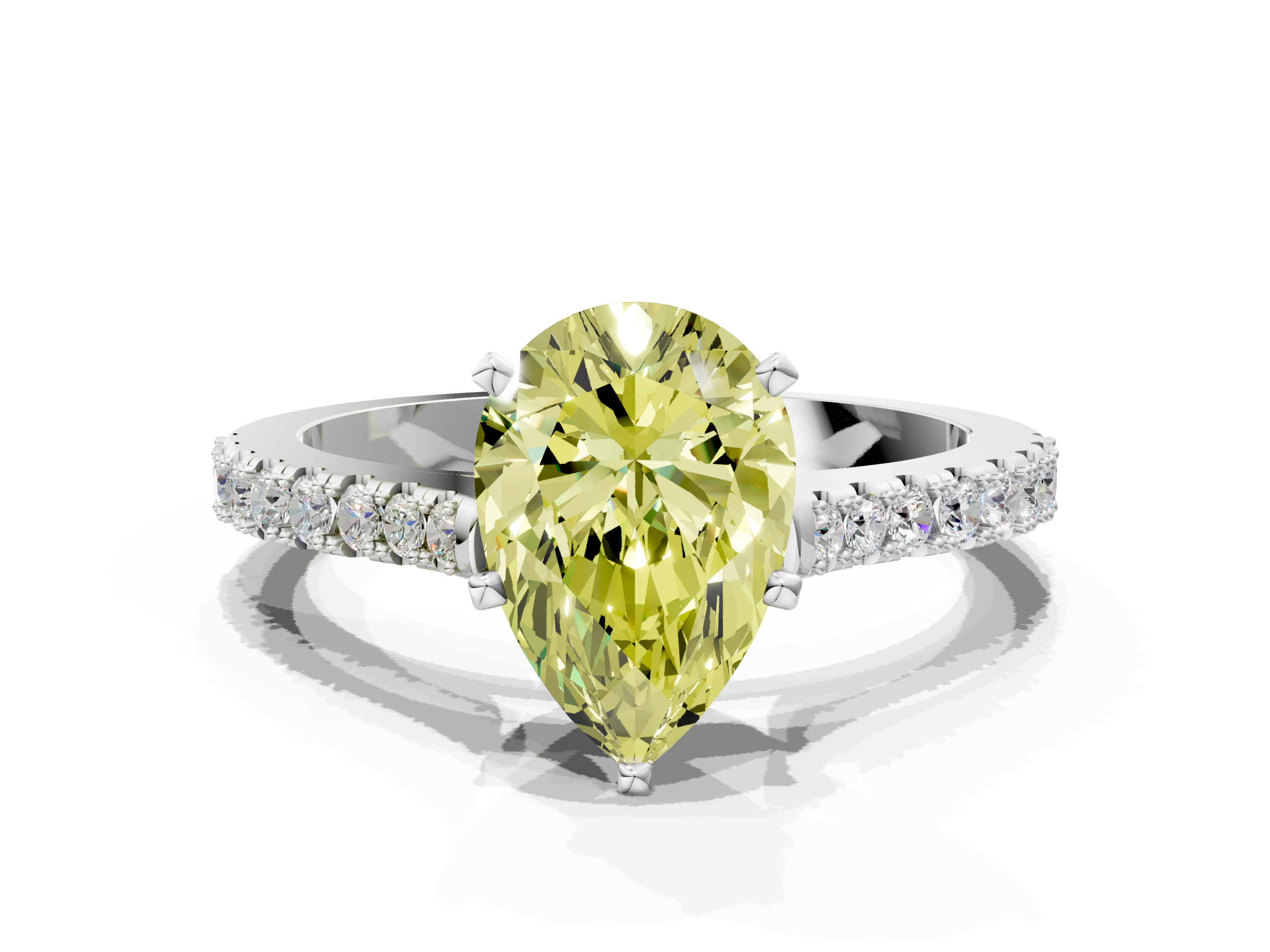 White gold Fancy Yellow Pear  Cut Solitaire Diamond Engagement Ring with Pave Band and Four-Prong Setting_141