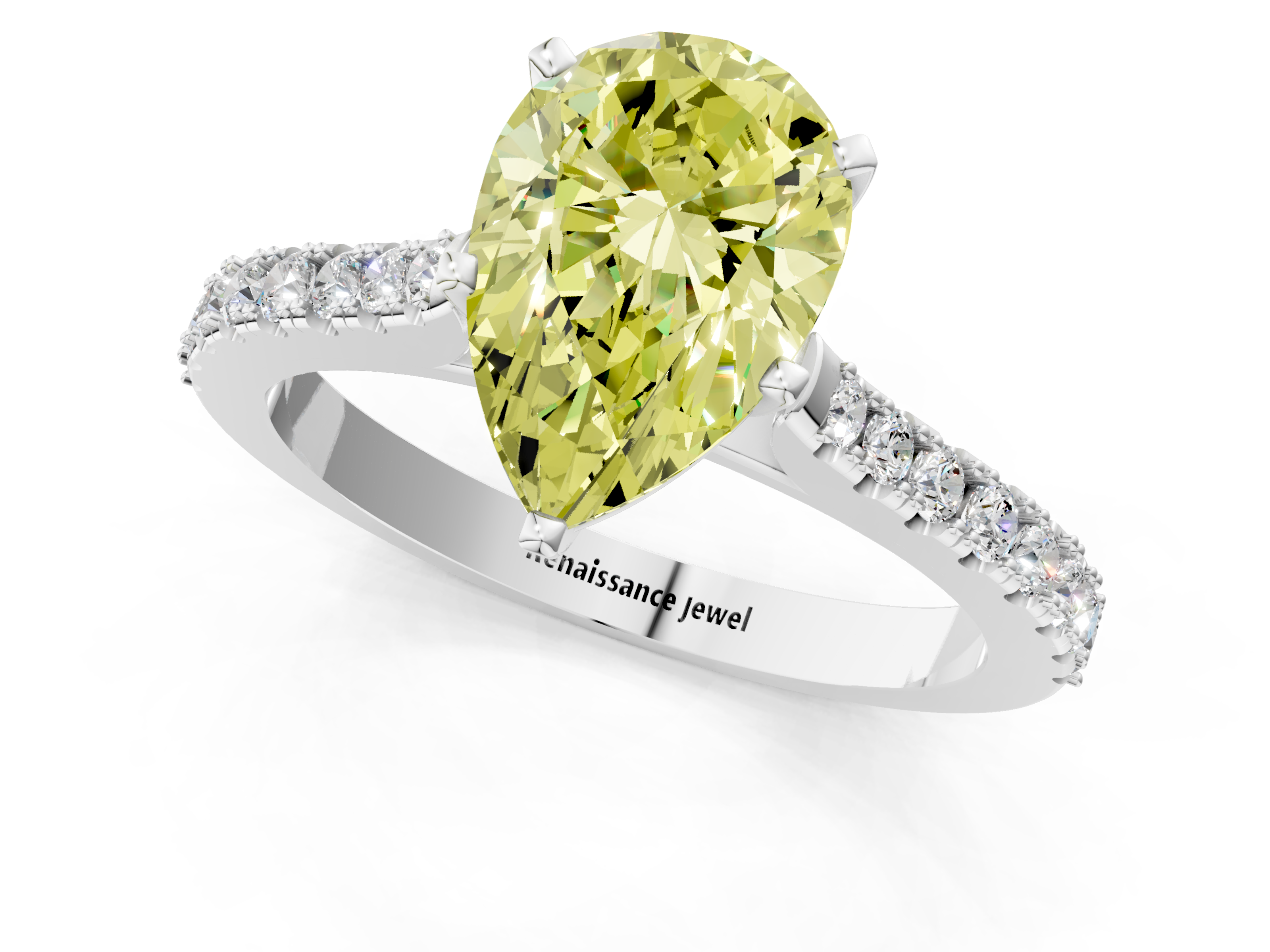 White gold Fancy Yellow Pear  Cut Solitaire Diamond Engagement Ring with Pave Band and Four-Prong Setting_144
