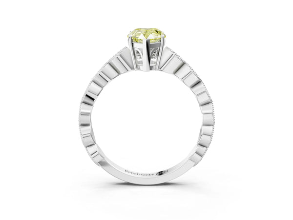 White gold Fancy Yellow Pear Cut Solitaire Diamond Ring with Infinity Twist Band and Four-Prong Setting