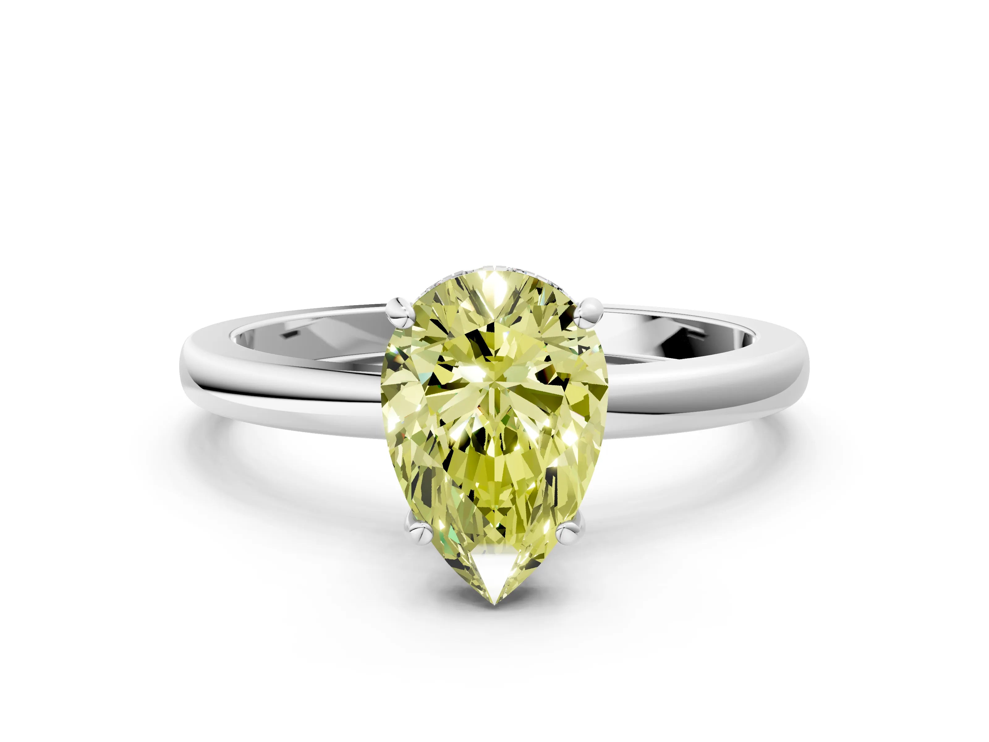 White gold Fancy Yellow Pear Cut Solitaire Diamond Ring with Prong Setting and Plain Band_12