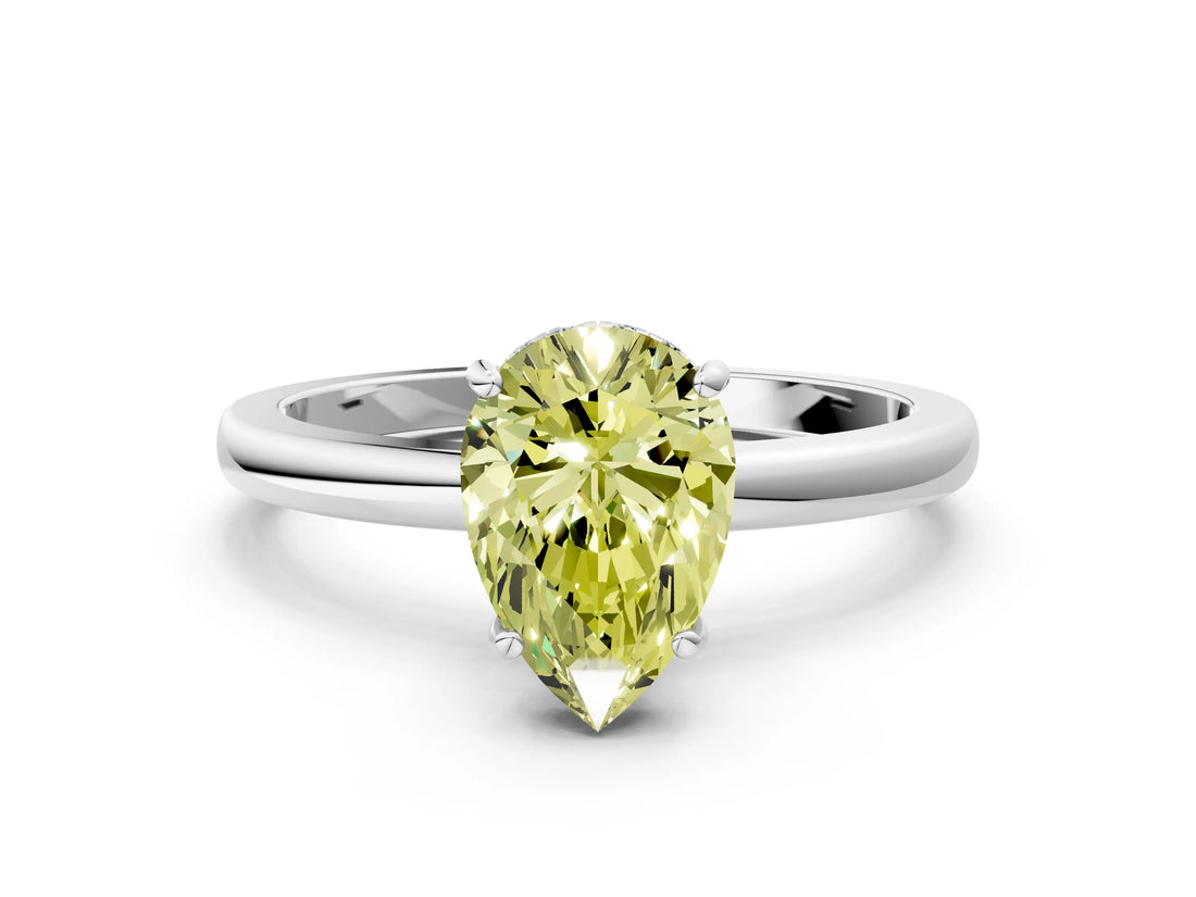White gold Fancy Yellow Pear Cut Solitaire Diamond Ring with Prong Setting and Plain Band_12