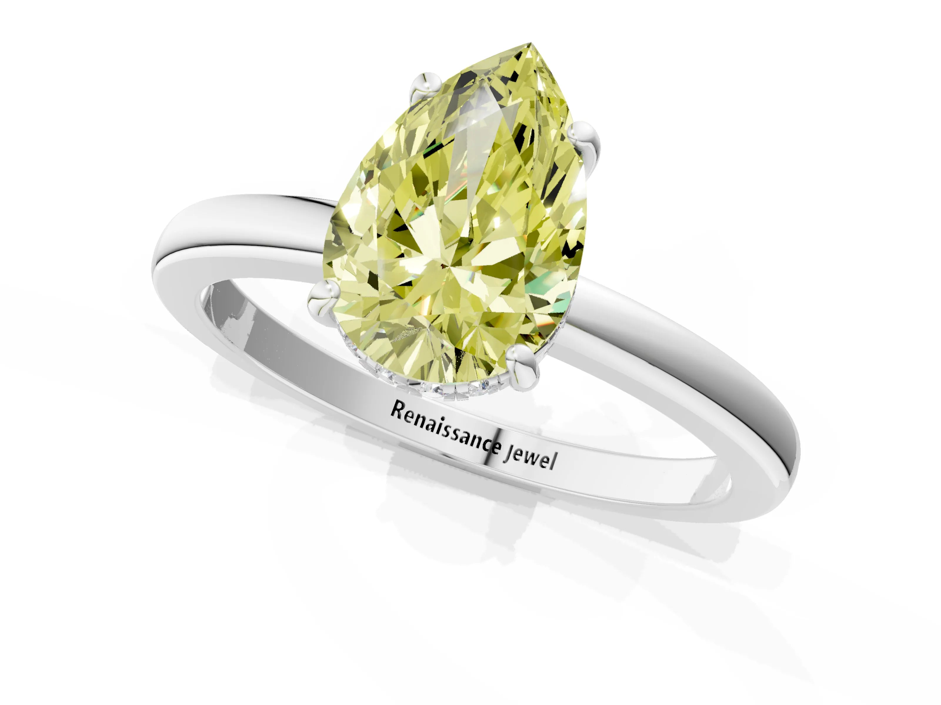 White gold Fancy Yellow Pear Cut Solitaire Diamond Ring with Prong Setting and Plain Band_13