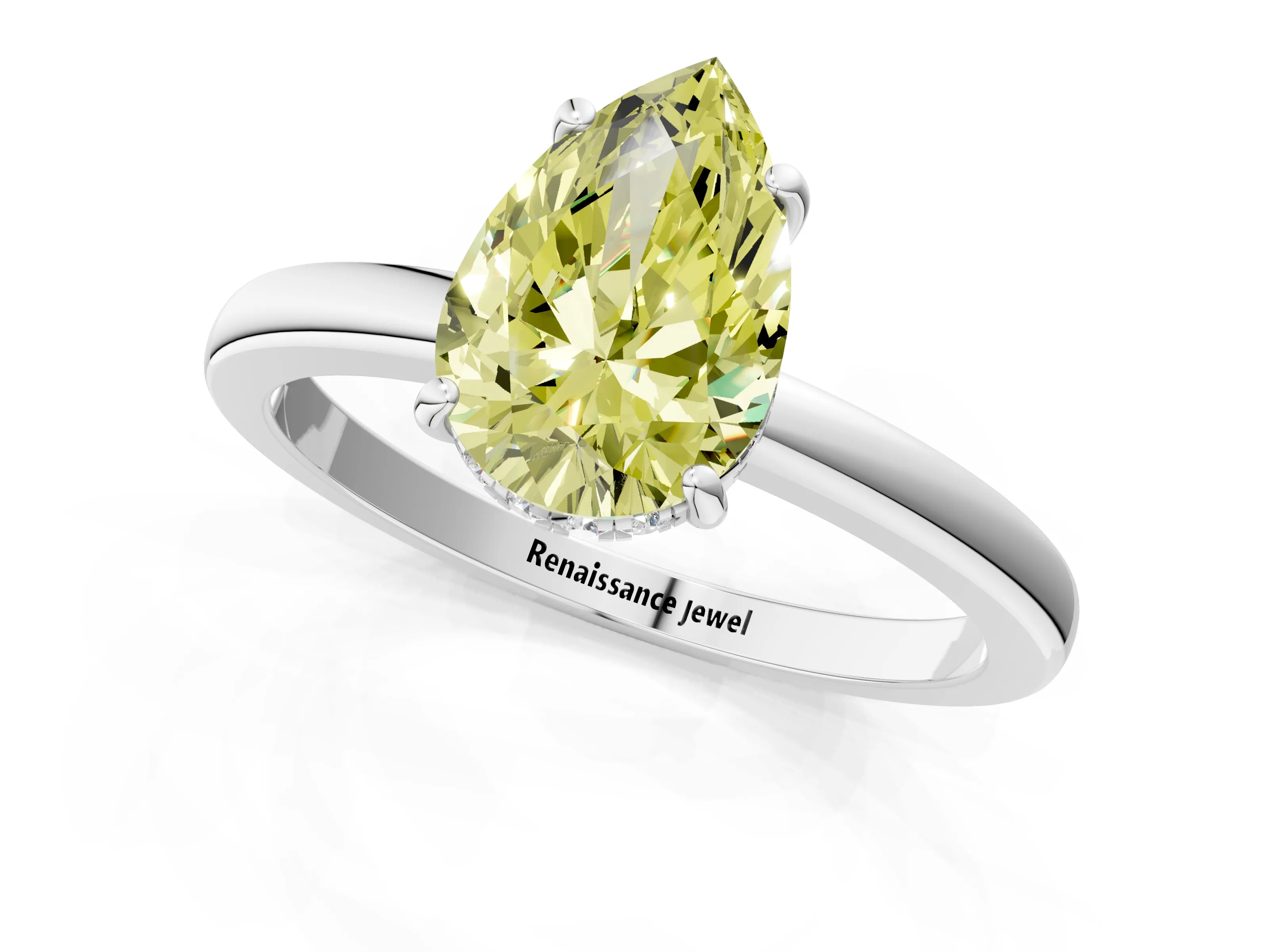 White gold Fancy Yellow Pear Cut Solitaire Diamond Ring with Prong Setting and Plain Band_1