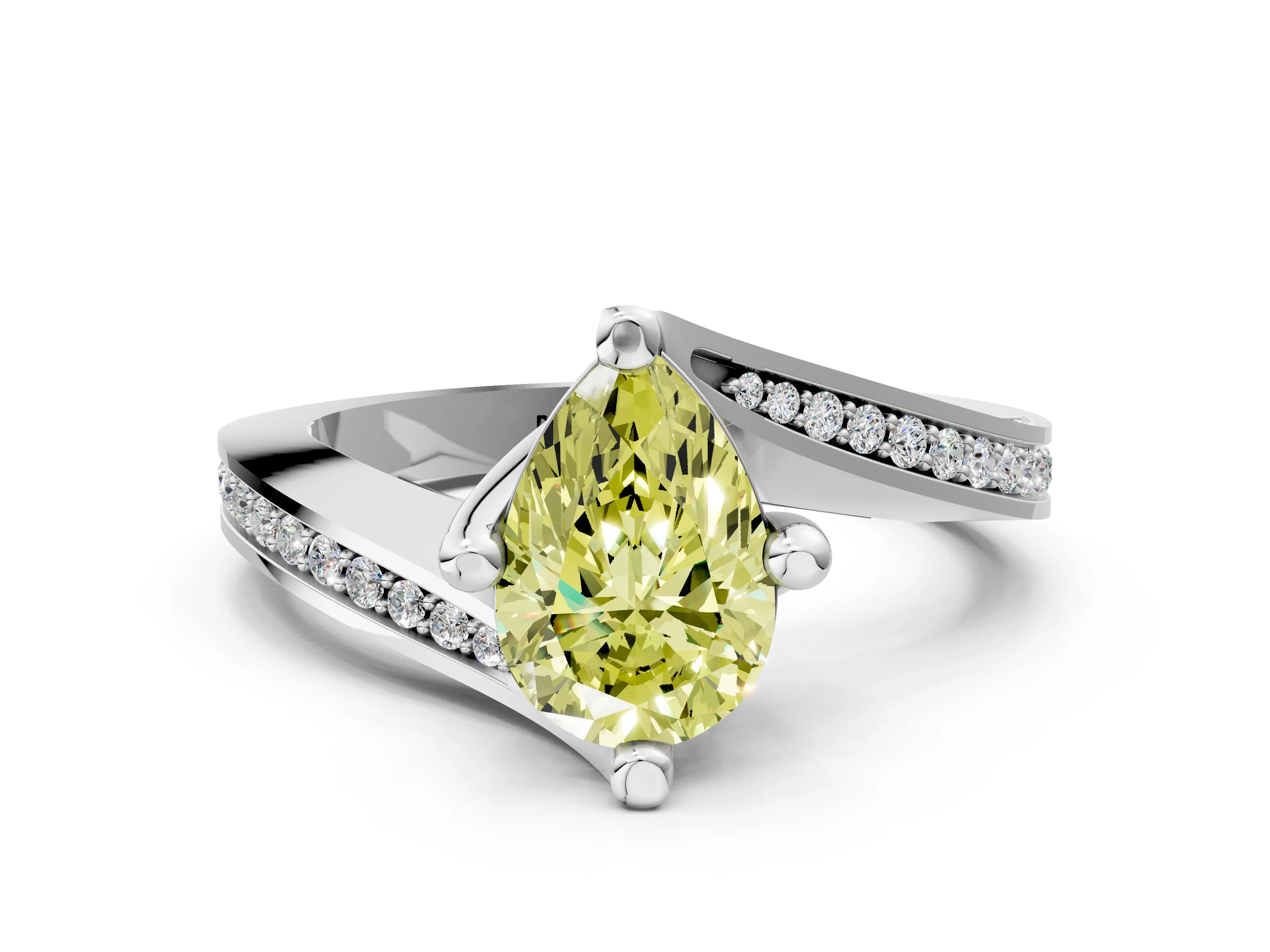 White gold Fancy Yellow Pear Cut Solitaire Diamond Twist Band with Pavé Setting and Four-Prong Setting_12