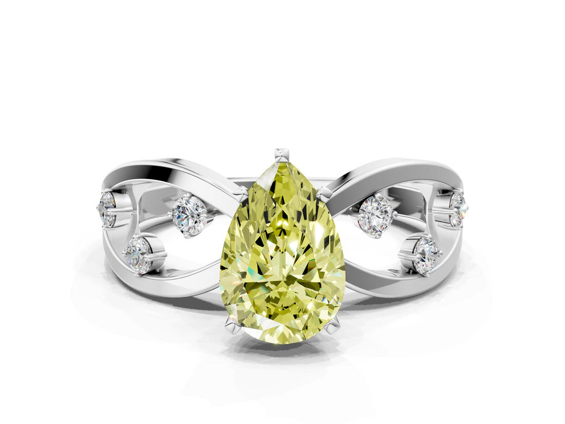 White gold Fancy Yellow Pear  Cut Solitaire Diamond with Side Stones on Criss-Cross Band and Four-Prong Setting_3