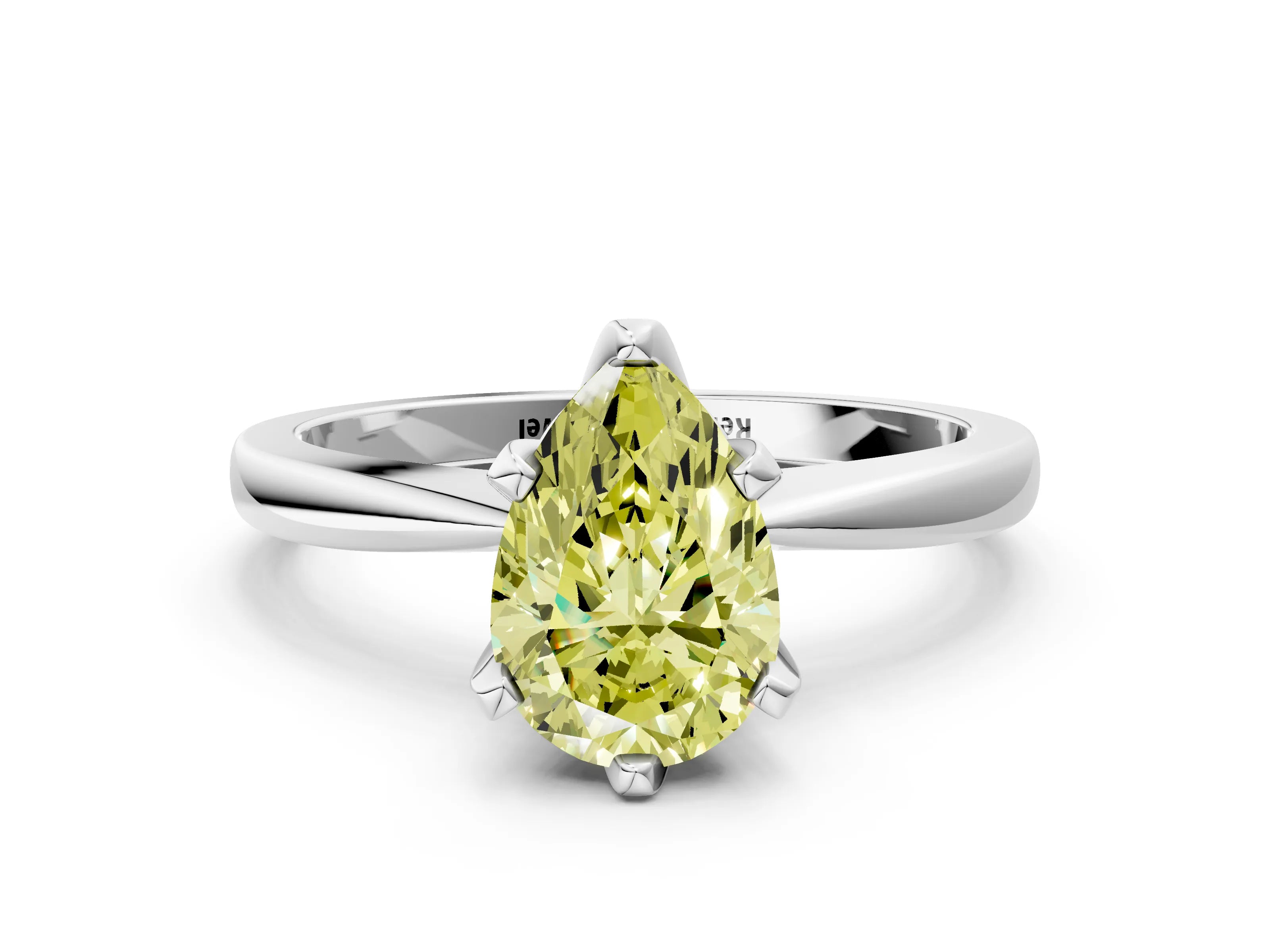 White gold Fancy Yellow Pear Cut Solitaire Engagement Ring with Six-Prong Setting and Tapered Band
