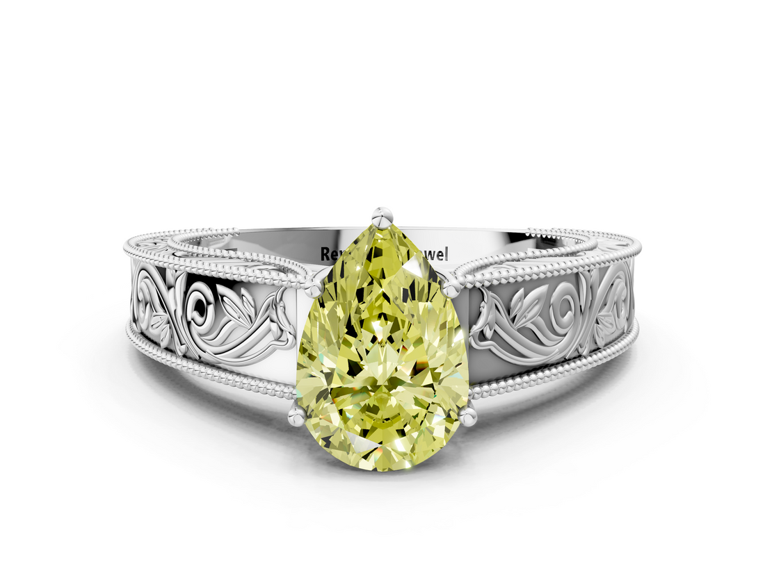 White gold Fancy Yellow Pear  Cut Solitaire Engraved Band with Four-Prong Setting_62