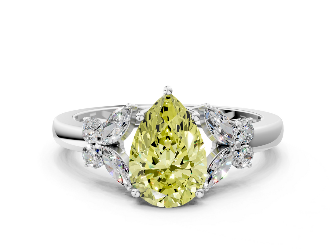 White gold Fancy Yellow Pear  Cut Solitaire Floral Diamond Ring with Four-Prong Setting_36